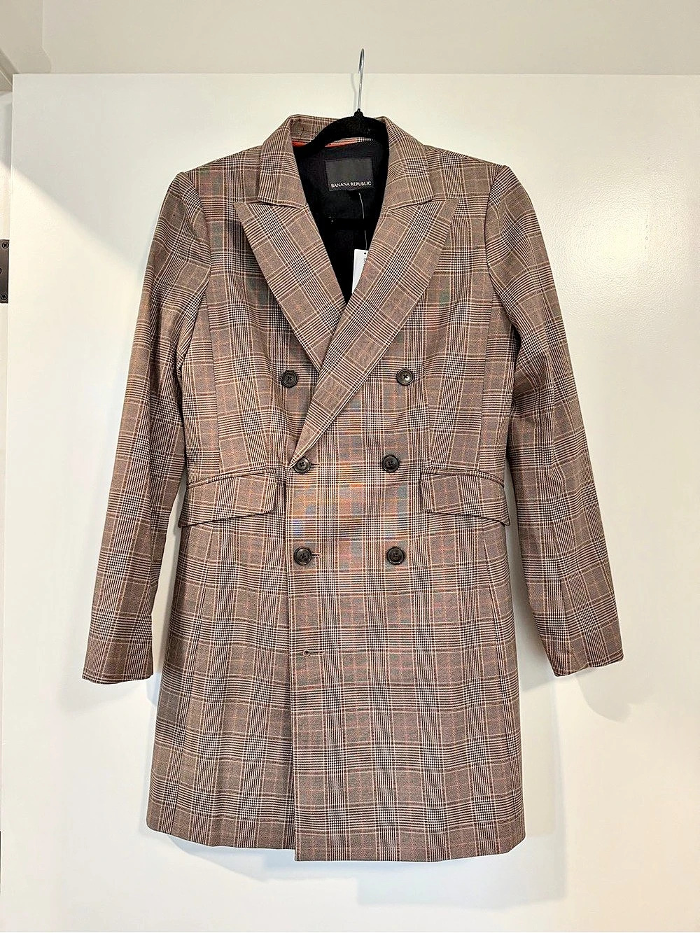 Banana Republic Plaid Double-Breasted Coat in Brown Size 6 NWT